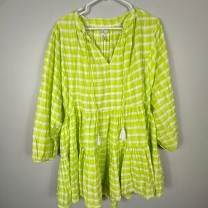 Seafolly Australia Womens Gingham Tiered‎ Tunic Dress Cover Up Green White